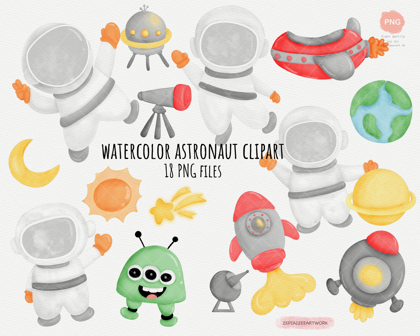 Astronaut and Space Watercolor Clipart, Space Digital Print, Instant Download.Astronaut Aero Space Clipart PNG.Outer Space Digital Download.