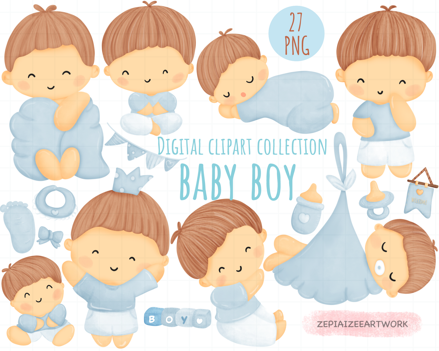 Adorable Baby Shower Boy Clipart Bundle for Invitations and Decorations.