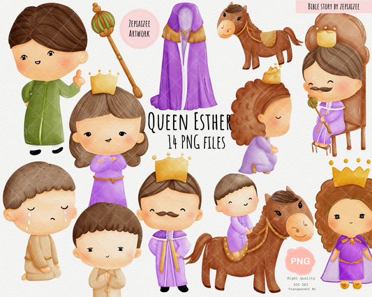 Queen Esther in bible story watercolor clipart.Jew cartoon for bible class and kids class.christian Old Testament clipart.