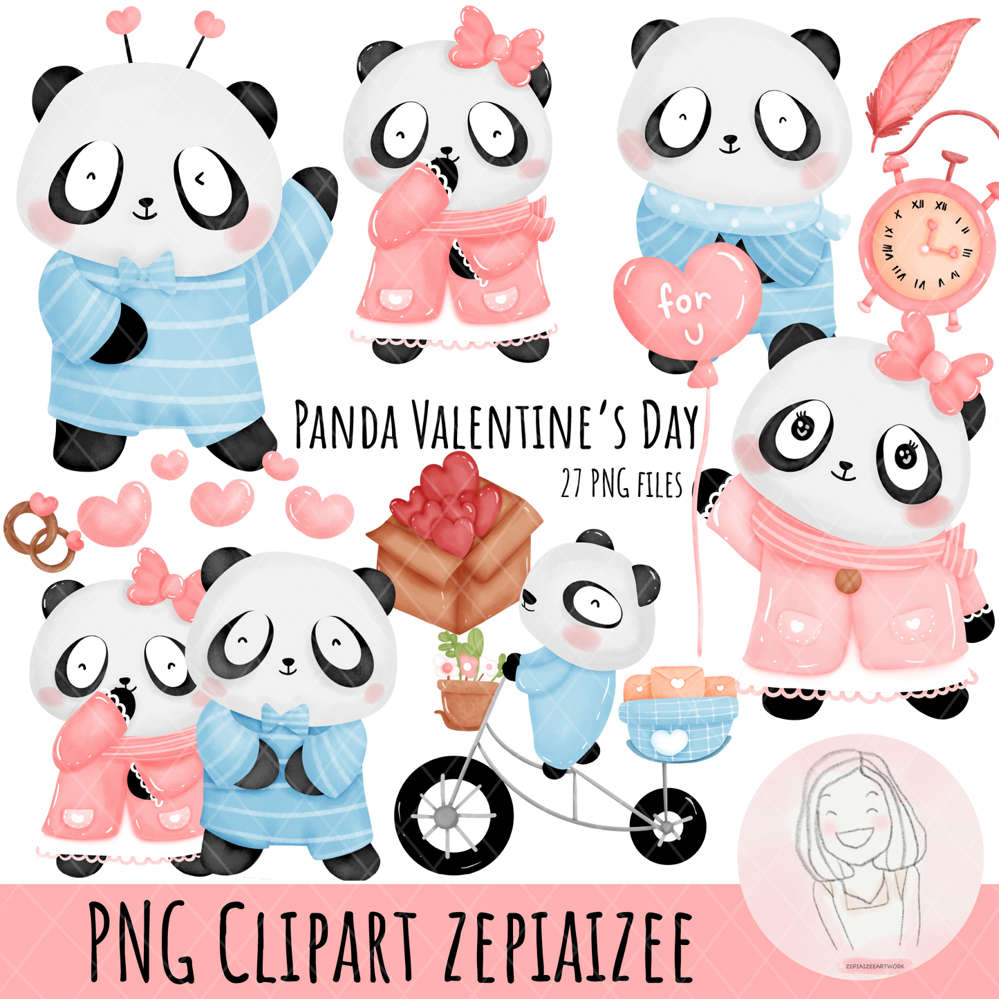 Panda Valentine's Day Clipart PNG, Cute Elements for Valentine's Crafts.