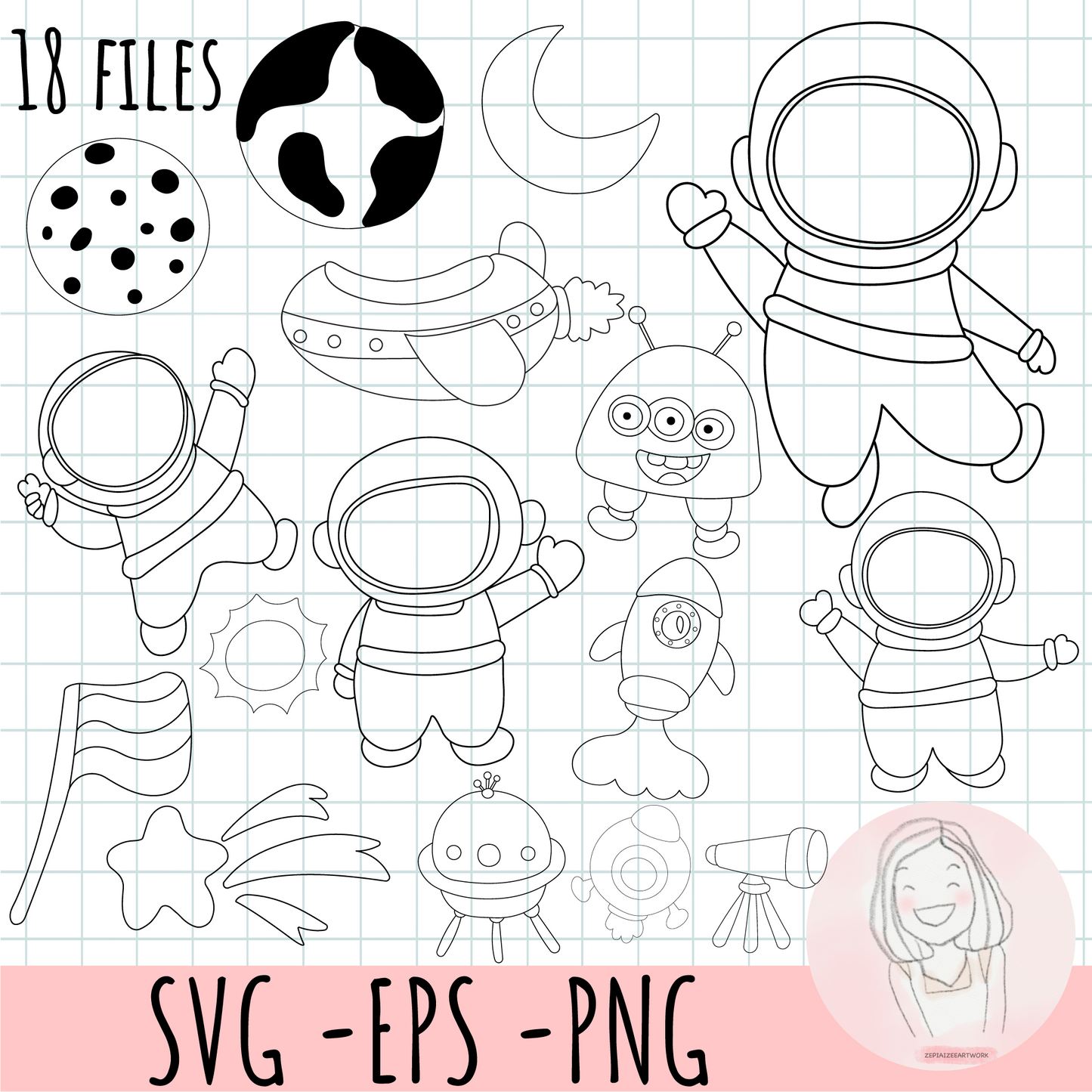 astronaut illustrations Planets SVG. PNG. Cricut cut files. Silhouette files. Space, solar system, Earth, Saturn, ufos, astronauts, rockets, moon, line