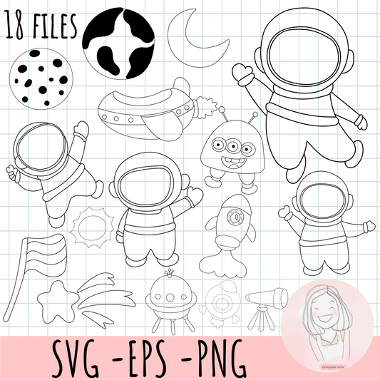 astronaut illustrations Planets SVG. PNG. Cricut cut files. Silhouette files. Space, solar system, Earth, Saturn, ufos, astronauts, rockets, moon, line