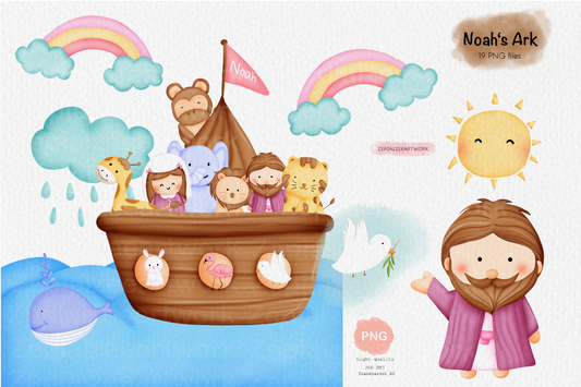 Noah’s Ark Bible Story Watercolor Clipart.