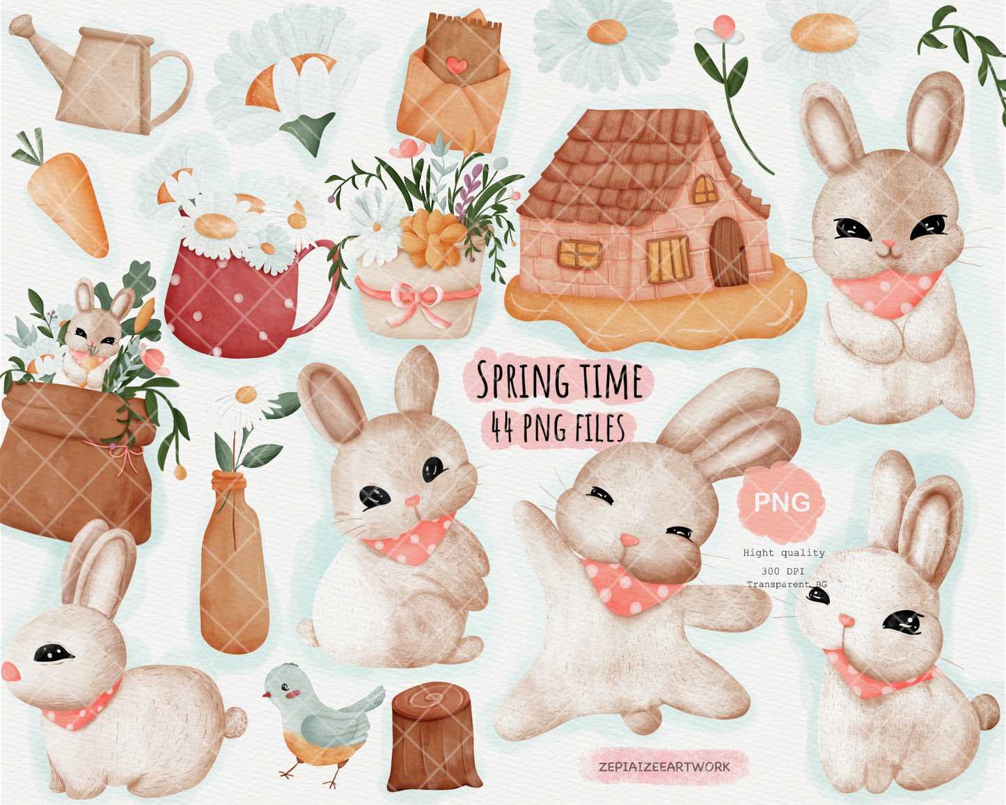 bunny and spring element clipart.