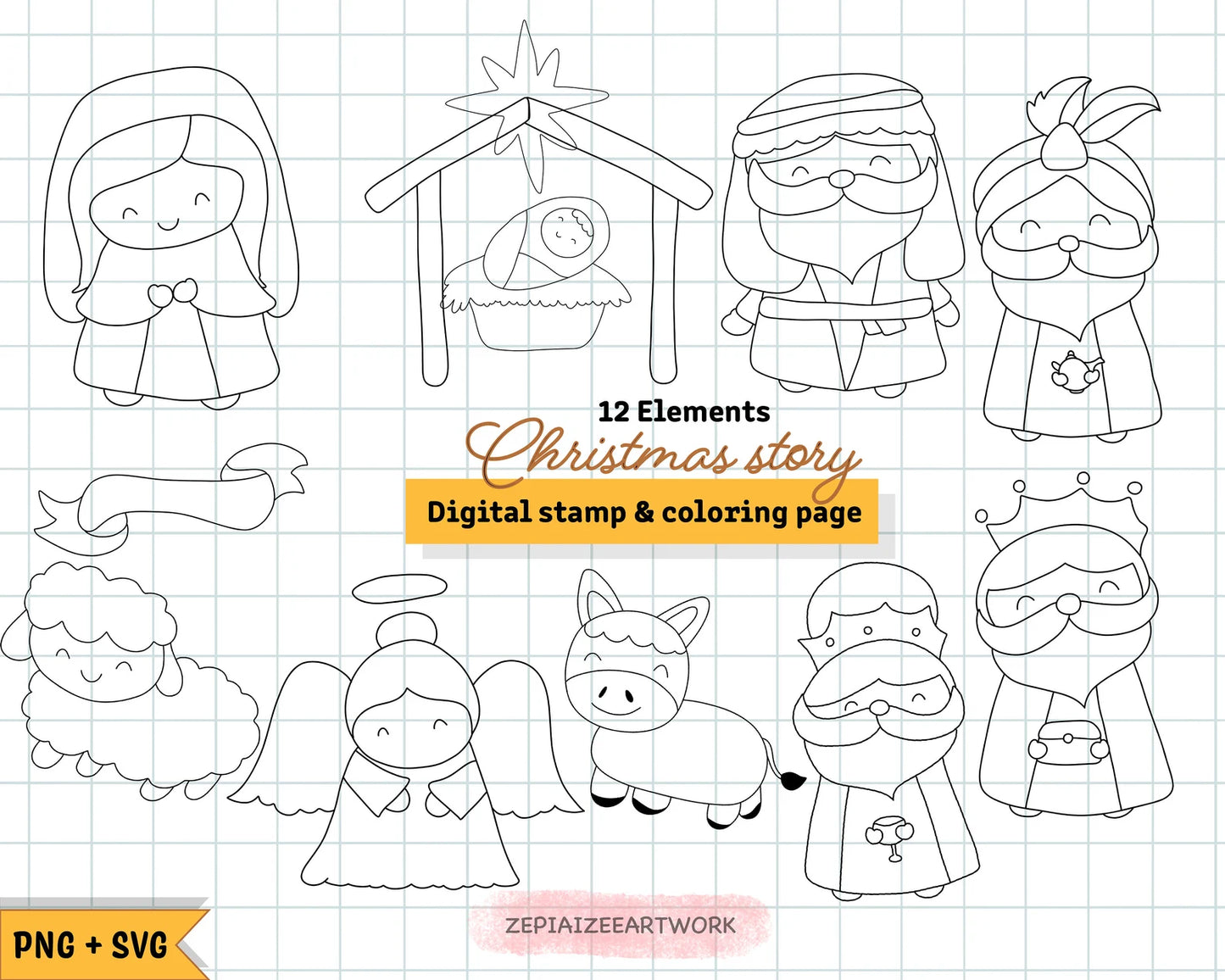 Christmas Story Digital Stamp Coloring PNG and SVG files.