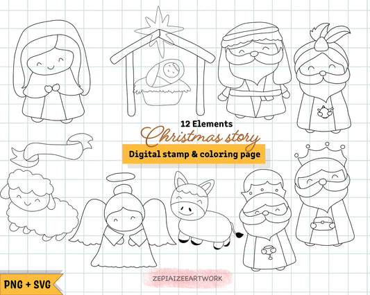 Christmas Story Digital Stamp Coloring PNG and SVG files.